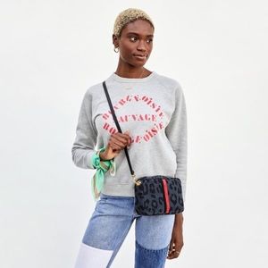 Clare V Midi Sac Crossbody Bag Marine Pablo Cat Leopard Suede Black & Red Stripe